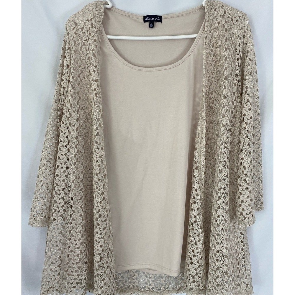 Olivia Blu‎ Crochet Open-Front Cardigan in Beige/Cream Womens XL